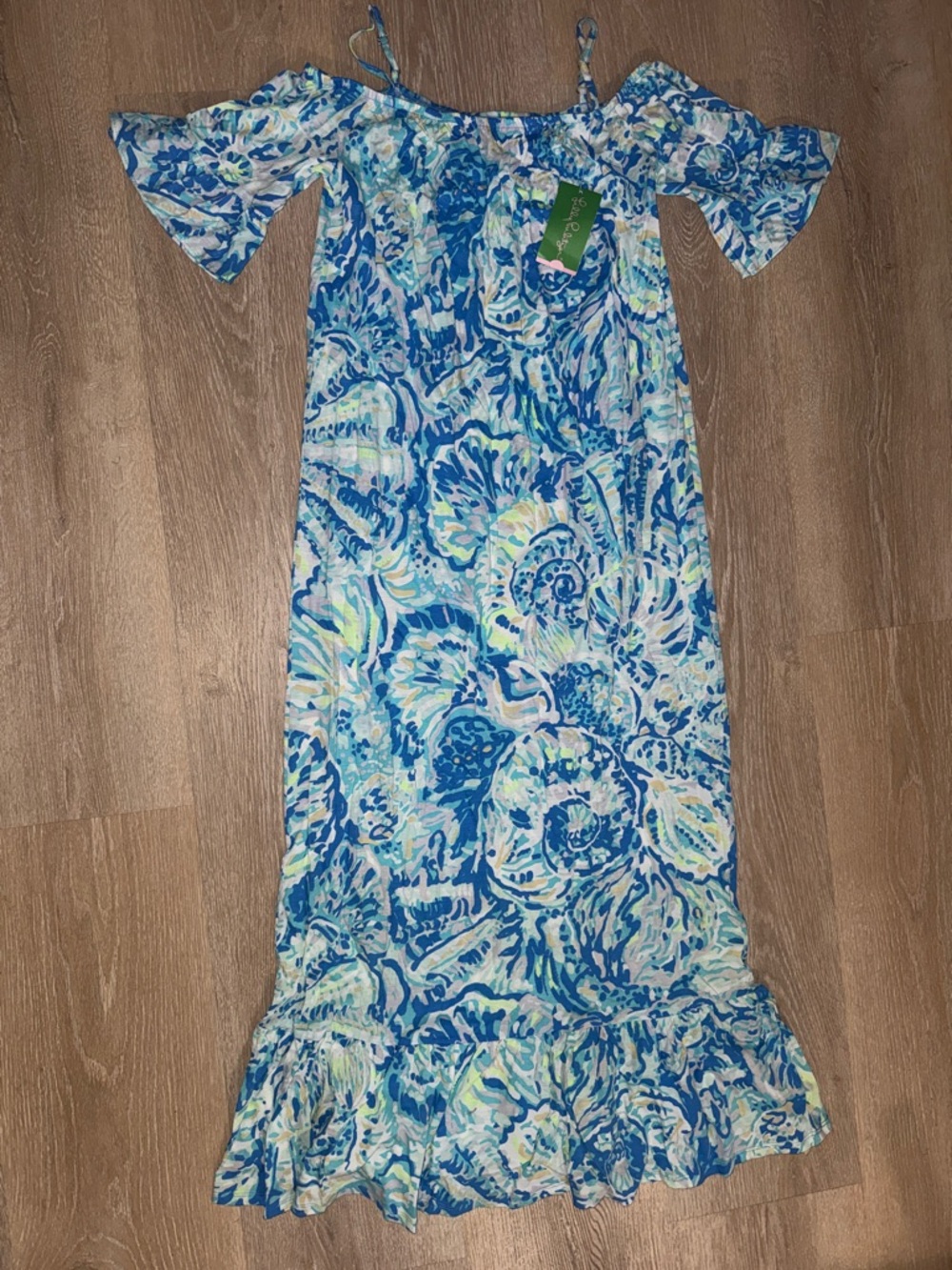 Lilly Pulitzer Blue Multi Girls Off-Shoulder Maxi Dress with Ruffle Hem